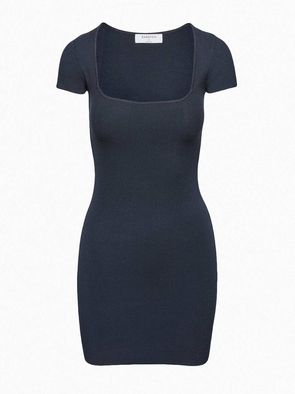 BABATON Ribbed Square Neck Knit Mini Dress in Black, Viscose Blend Sz L